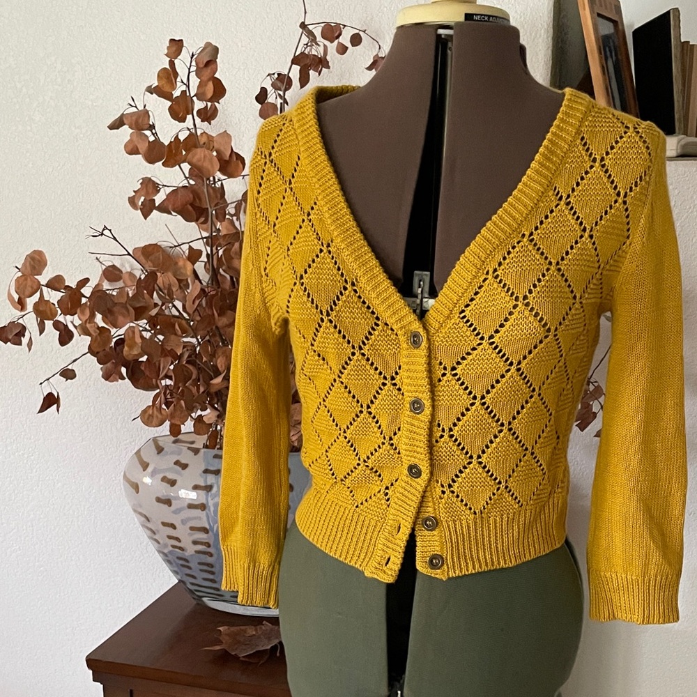ModCloth mustard yellow button up sweater medium